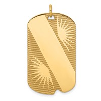 14K Yellow Gold Patterned Sunburst Charm with Diagonal Stripe .018 Gauge Engravable 36x21mm Dog Tag Disc view 1