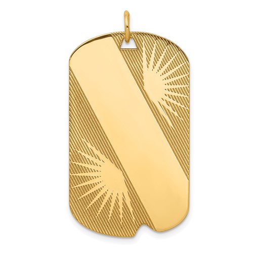 14K Yellow Gold Patterned Sunburst Charm with Diagonal Stripe.018 Gauge Engravable 36x 21mm Dog Tag Disc