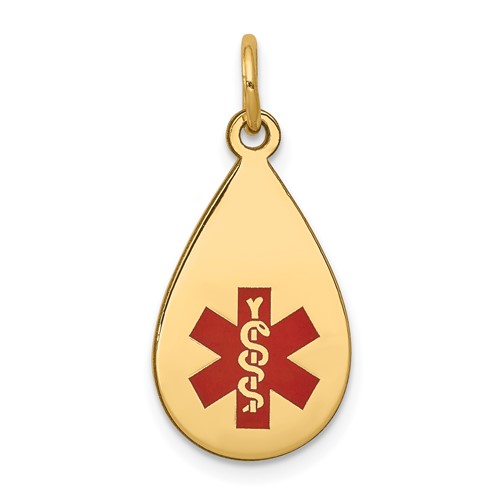 14K Yellow Gold 20x 11.5mm Teardrop Red Enameled Medical Jewelry Pendant