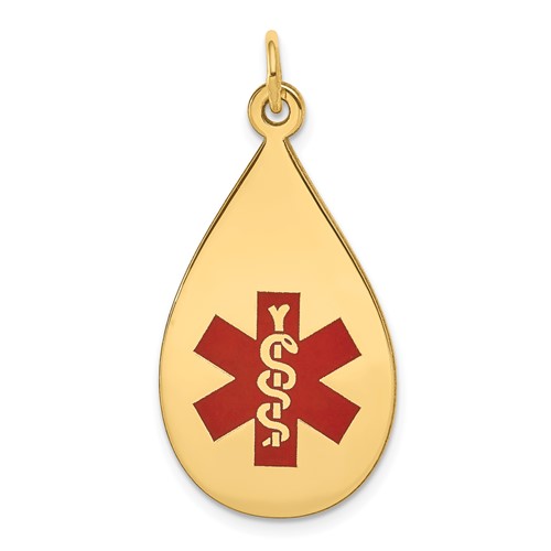 14K Yellow Gold 28x 16mm Teardrop Red Enameled Medical Jewelry Pendant