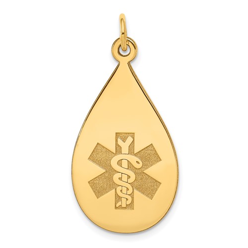 14K Yellow Gold 28x 16mm Teardrop Non-enameled Medical Jewelry Pendant