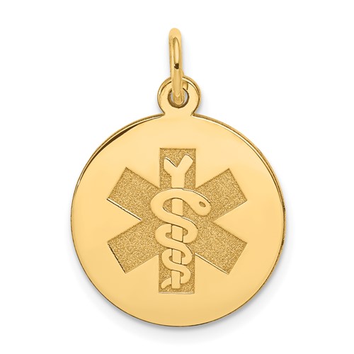14K 16mm Yellow Gold Round Non-enameled Medical Jewelry Pendant