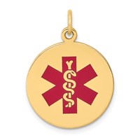 14K 19mm Yellow Gold Round Red Enameled Medical Jewelry Pendant view 1