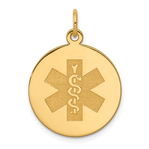 14K 19mm Yellow Gold Round Non-enameled Medical Jewelry Pendant