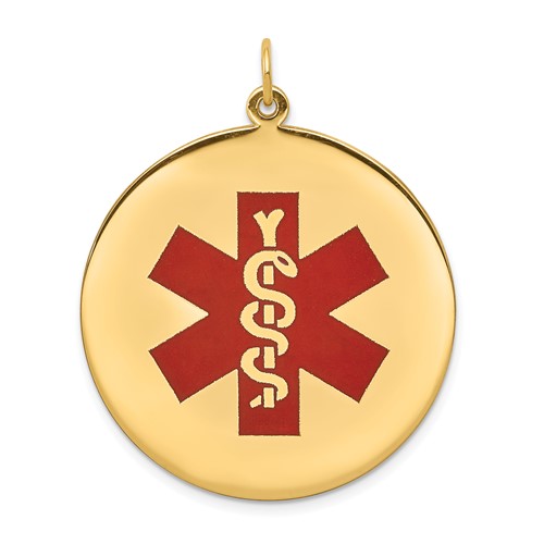 14K 32mm Yellow Gold Round Red Enameled Medical Jewelry Pendant