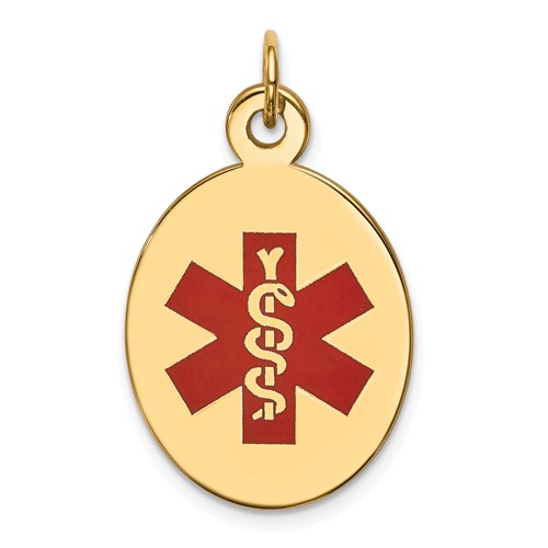 14K Yellow Gold 23x 16.5mm Oval Red Enameled Medical Jewelry Pendant