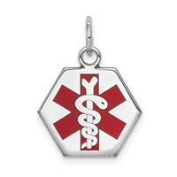 14K White Gold 15mm Hexagon Red Enameled Medical Jewelry Pendant view 1