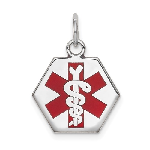 14K White Gold 15mm Hexagon Red Enameled Medical Jewelry Pendant