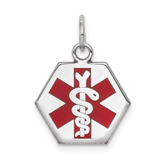 14k White Gold 15mm Hexagon Red Enameled Medical Jewelry Pendant