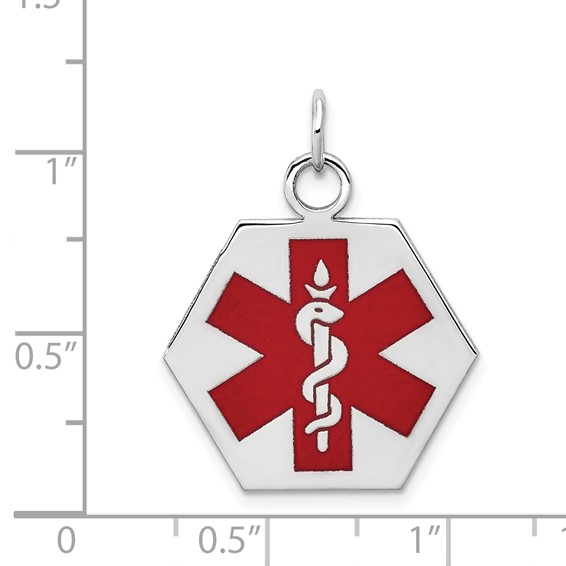 14k White Gold 22.5mm Hexagon Red Enameled Medical Jewelry Pendant