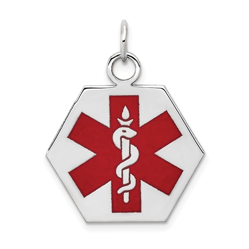 14K White Gold 22.5mm Hexagon Red Enameled Medical Jewelry Pendant