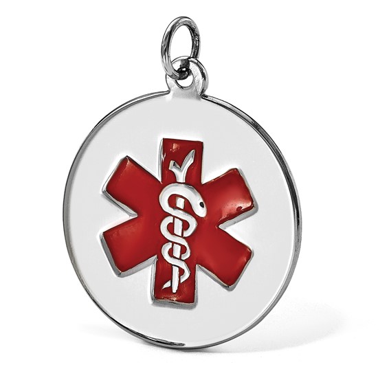 14k White Gold 16mm Round Red Enameled Medical Jewelry Pendant