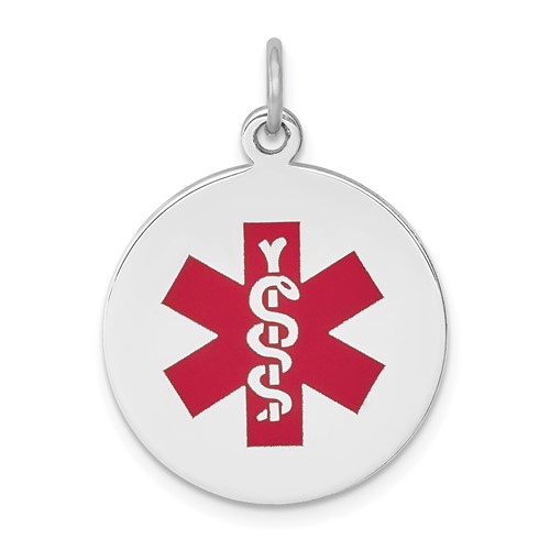 14K White Gold 19mm Round Red Enameled Medical Jewelry Pendant