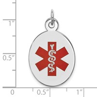 14K White Gold 23x 16.5mm Oval Red Enameled Medical Jewelry Pendant view 2