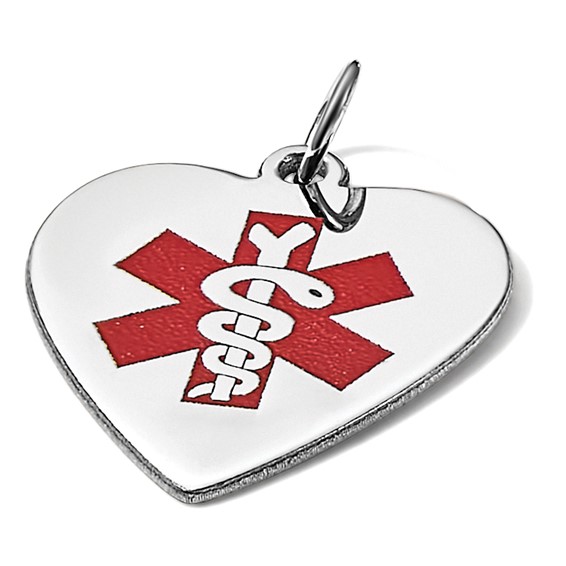 14k White Gold 19mm Heart-Shaped Red Enameled Medical Jewelry Pendant