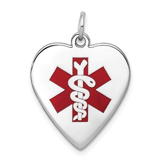 14k White Gold 19mm Heart-Shaped Red Enameled Medical Jewelry Pendant
