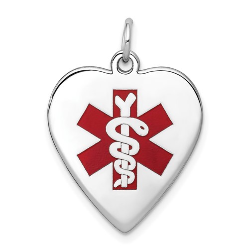14K White Gold 19mm Heart-Shaped Red Enameled Medical Jewelry Pendant