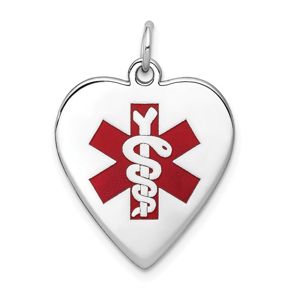 14k White Gold 19mm Heart-Shaped Red Enameled Medical Jewelry Pendant