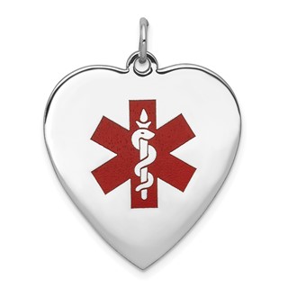 14k White Gold 24mm Heart-Shaped Red Enameled Medical Jewelry Pendant