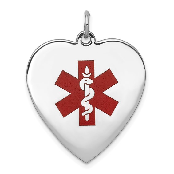14k White Gold 24mm Heart-Shaped Red Enameled Medical Jewelry Pendant