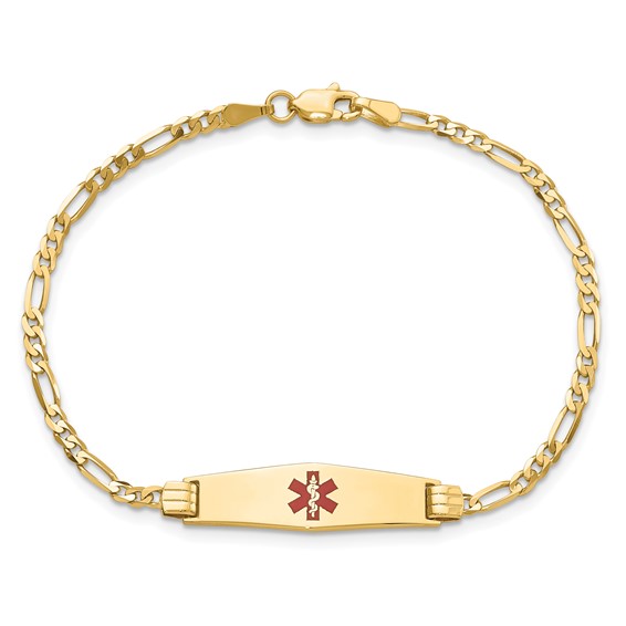 14K Medical Solid Chain/Solid Plate 24x7mm Soft Diamond Shape Centered Red Enamel Figaro Link 7 inch ID Bracelet