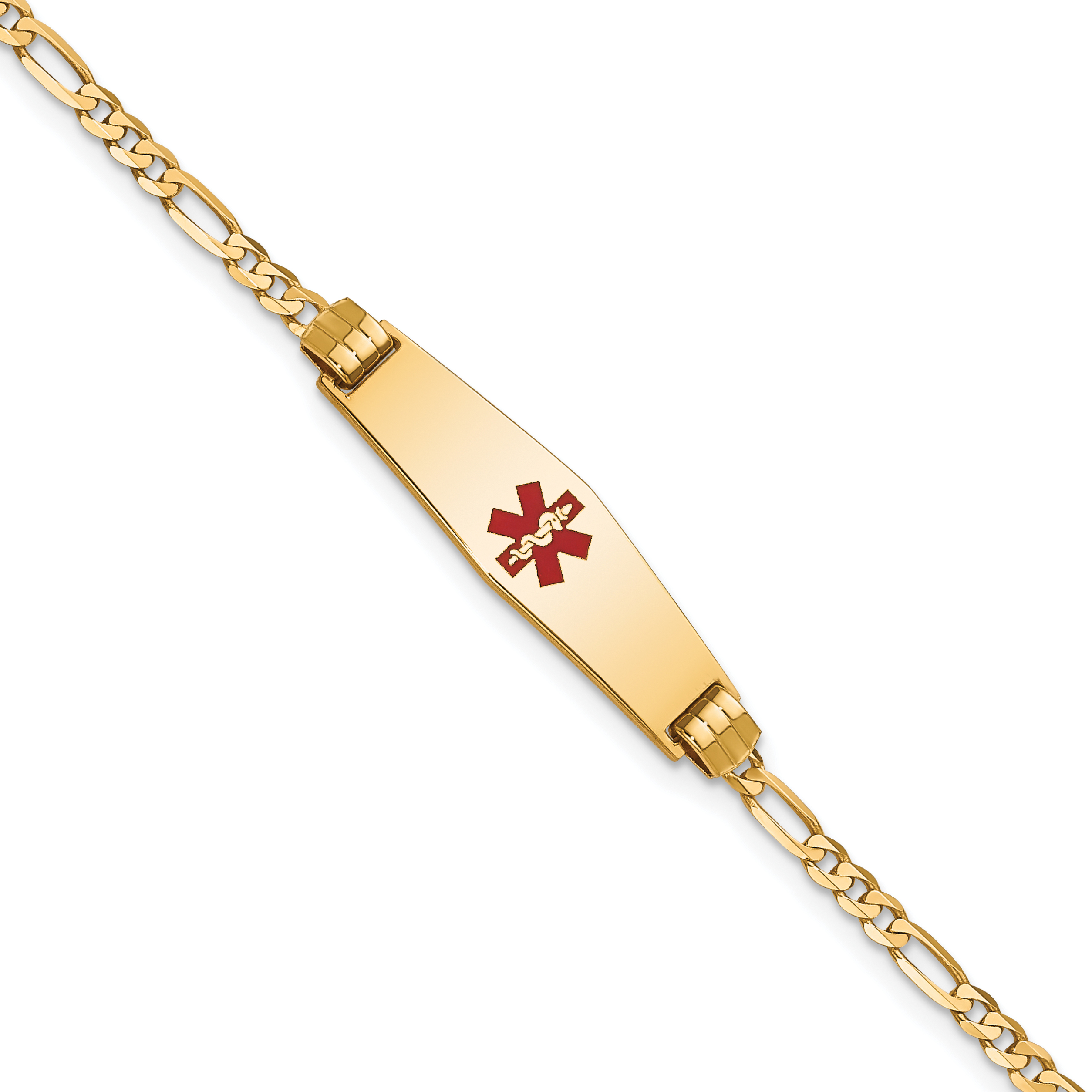14K Medical Solid Chain/Solid Plate 24x7mm Soft Diamond Shape Centered Red Enamel Figaro Link 7 inch ID Bracelet (XM550CC-7)