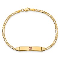 14K Medical Solid Chain Solid Plate 26x5mm Centered Red Enamel Figaro Link 7 Inch ID Bracelet view 4