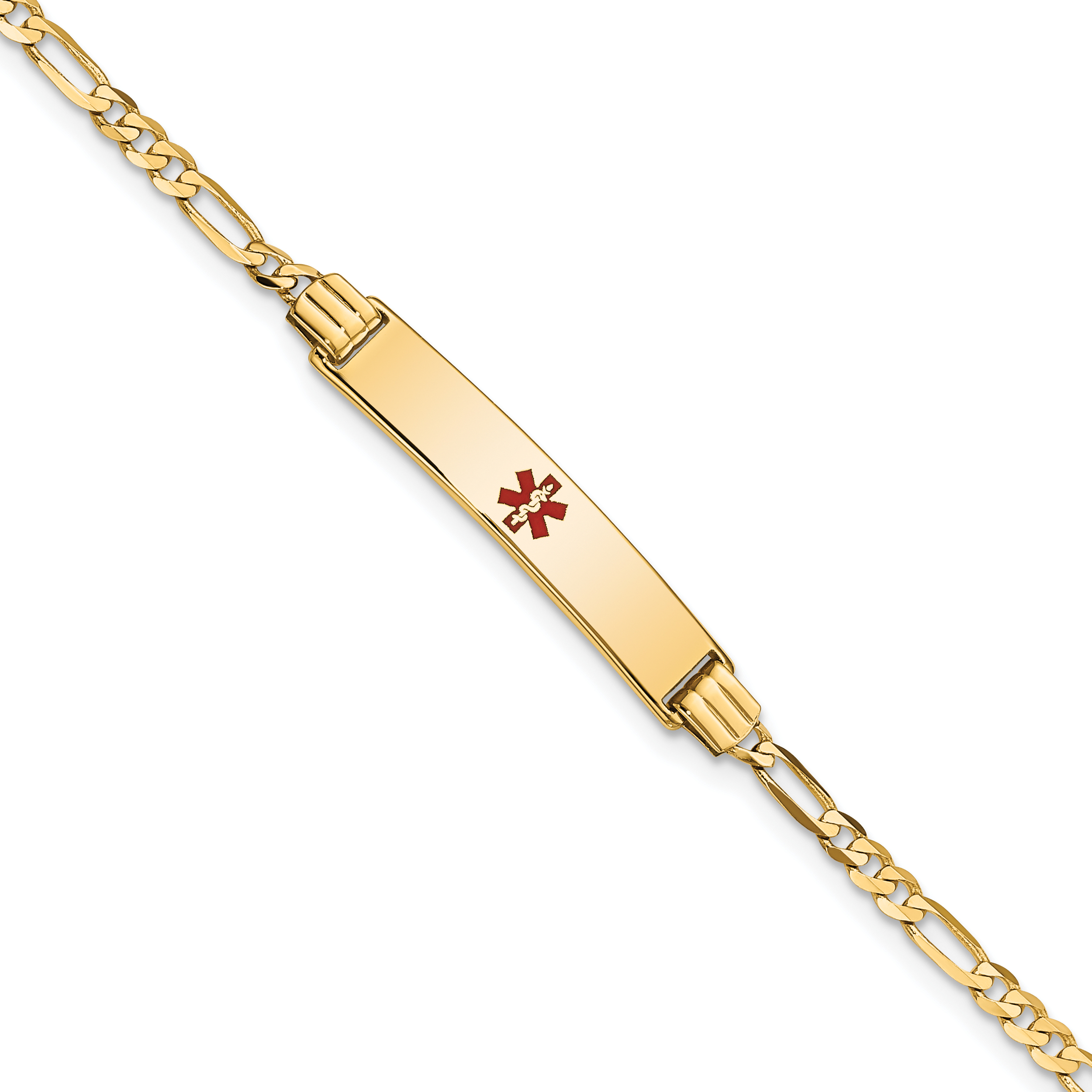 14K Medical Solid Chain/Solid Plate 26x5mm Centered Red Enamel Figaro Link 7 inch ID Bracelet (XM550CR-7)