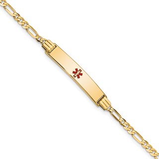 14K Medical Solid Chain/Solid Plate 26x5mm Centered Red Enamel Figaro Link 7 inch ID Bracelet