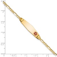 14K Yellow Gold Medical Solid Chain Solid Plate 26x7mm Soft Diamond Shape Off-Center Red Enamel Figaro Link ID Bracelet - 8in view 3