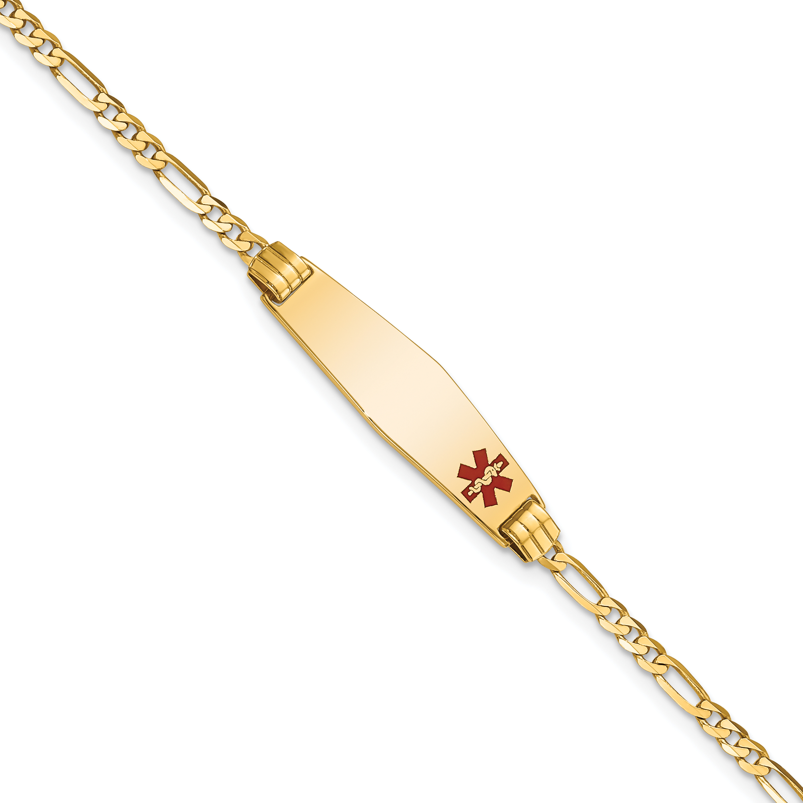 14K Medical Solid Chain/Solid Plate 26x7mm Soft Diamond Shape Off-Center Red Enamel Figaro Link 8 inch ID Bracelet (XM550FC-8)