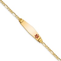 14K Yellow Gold Medical Solid Chain Solid Plate 26x7mm Soft Diamond Shape Off-Center Red Enamel Figaro Link ID Bracelet - 8in view 1