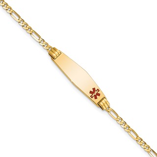 14K Medical Solid Chain/Solid Plate 26x7mm Soft Diamond Shape Off-Center Red Enamel Figaro Link 7 inch ID Bracelet