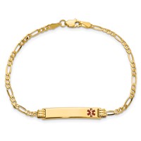 14K Yellow Gold Medical Solid Chain Solid Plate 26x5mm Off-Center Red Enamel Figaro Link ID Bracelet - 8in view 4