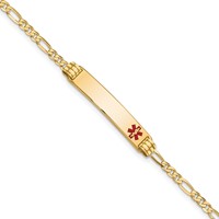 14K Yellow Gold Medical Solid Chain Solid Plate 26x5mm Off-Center Red Enamel Figaro Link ID Bracelet - 8in view 1