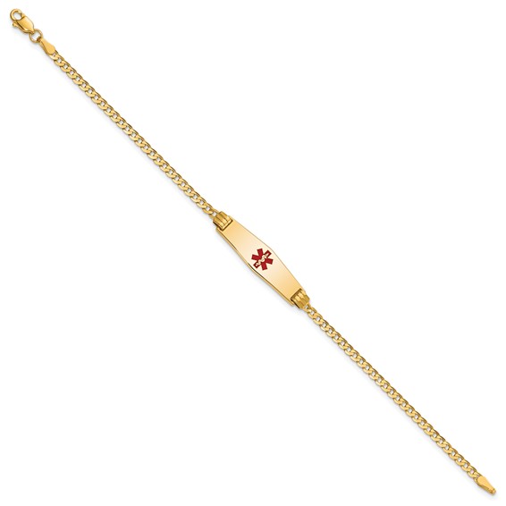 14K Medical Solid Chain/Solid Plate 24x7mm Soft Diamond Shape Centered Red Enamel Curb Link 7 inch ID Bracelet