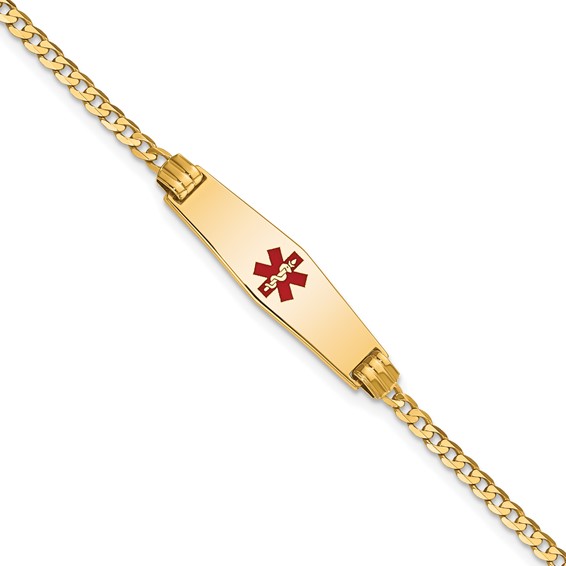 14K Medical Solid Chain/Solid Plate 24x7mm Soft Diamond Shape Centered Red Enamel Curb Link 7 inch ID Bracelet