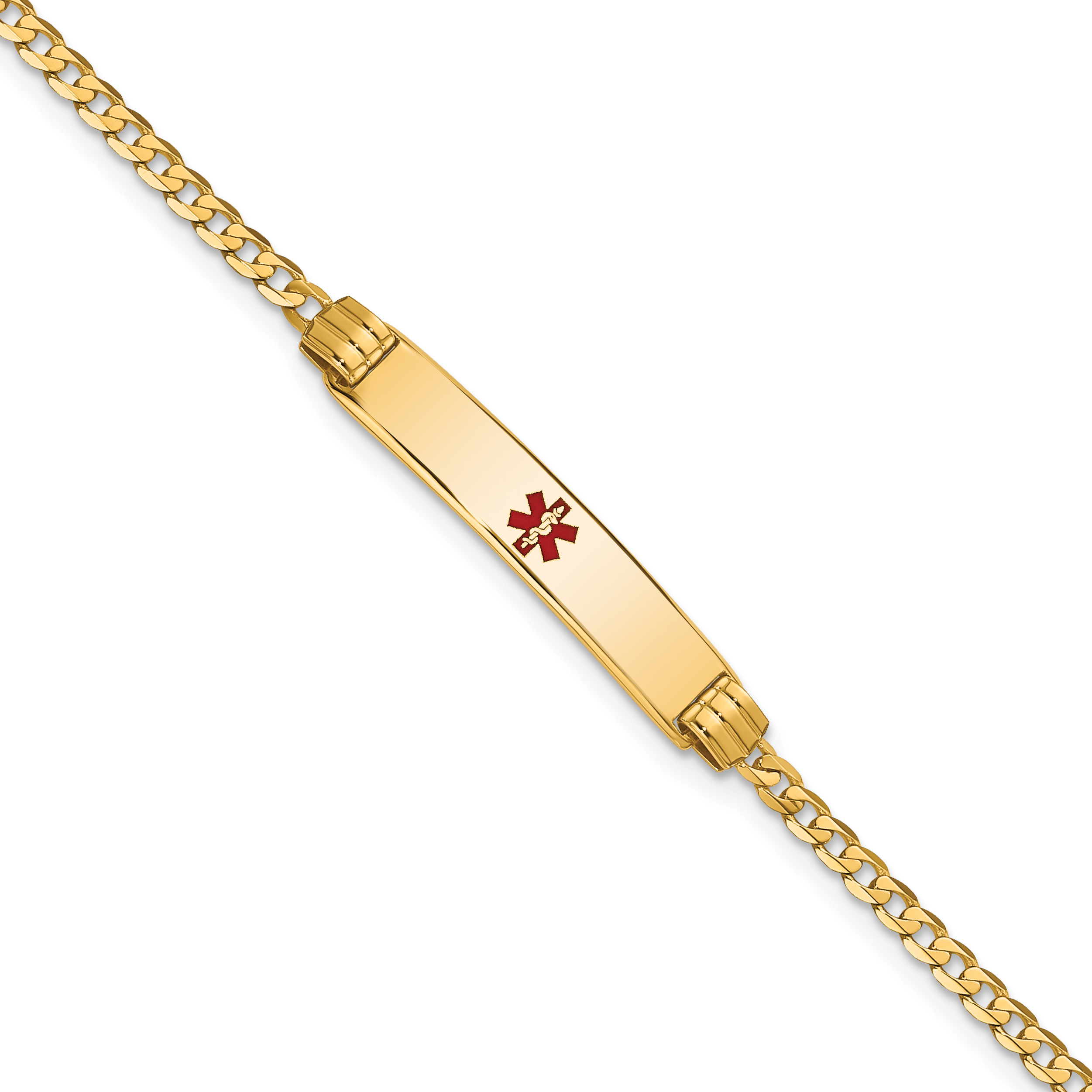 14K Medical Solid Chain/Solid Plate 26x5mm Centered Red Enamel Curb Link 7 inch ID Bracelet (XM551CR-7)