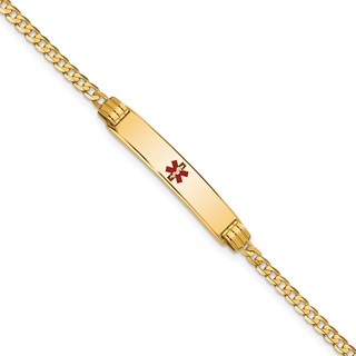 14K Medical Solid Chain/Solid Plate 26x5mm Centered Red Enamel Curb Link 7 inch ID Bracelet