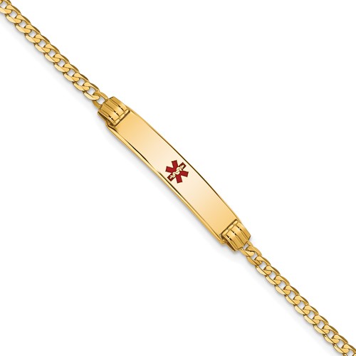 14K Yellow Gold Medical Solid Chain Solid Plate 26x 5mm Centered Red Enamel Curb Link ID Bracelet, 7"