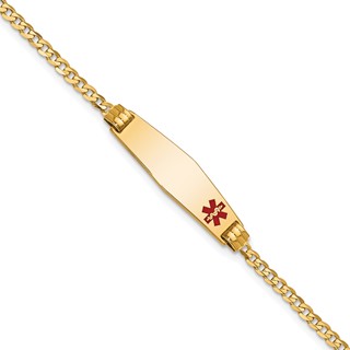 14K Medical Solid Chain/Solid Plate 26x7mm Soft Diamond Shape Off-Center Red Enamel Curb Link 7 inch ID Bracelet