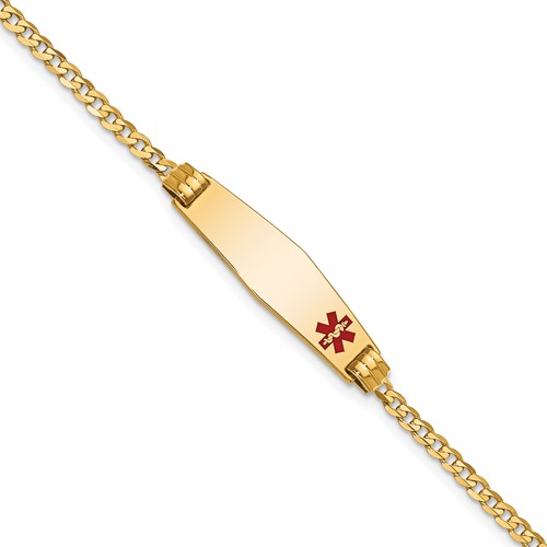 14K Yellow Gold Medical Solid Chain Solid Plate 26x 7mm Soft Diamond Shape Off-Center Red Enamel Curb Link ID Bracelet, 7"
