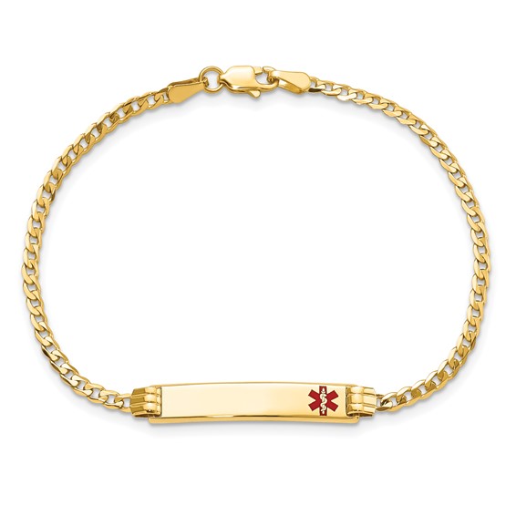 14K Medical Solid Chain/Solid Plate 26x5mm Off-Center Red Enamel Curb Link 7 inch ID Bracelet