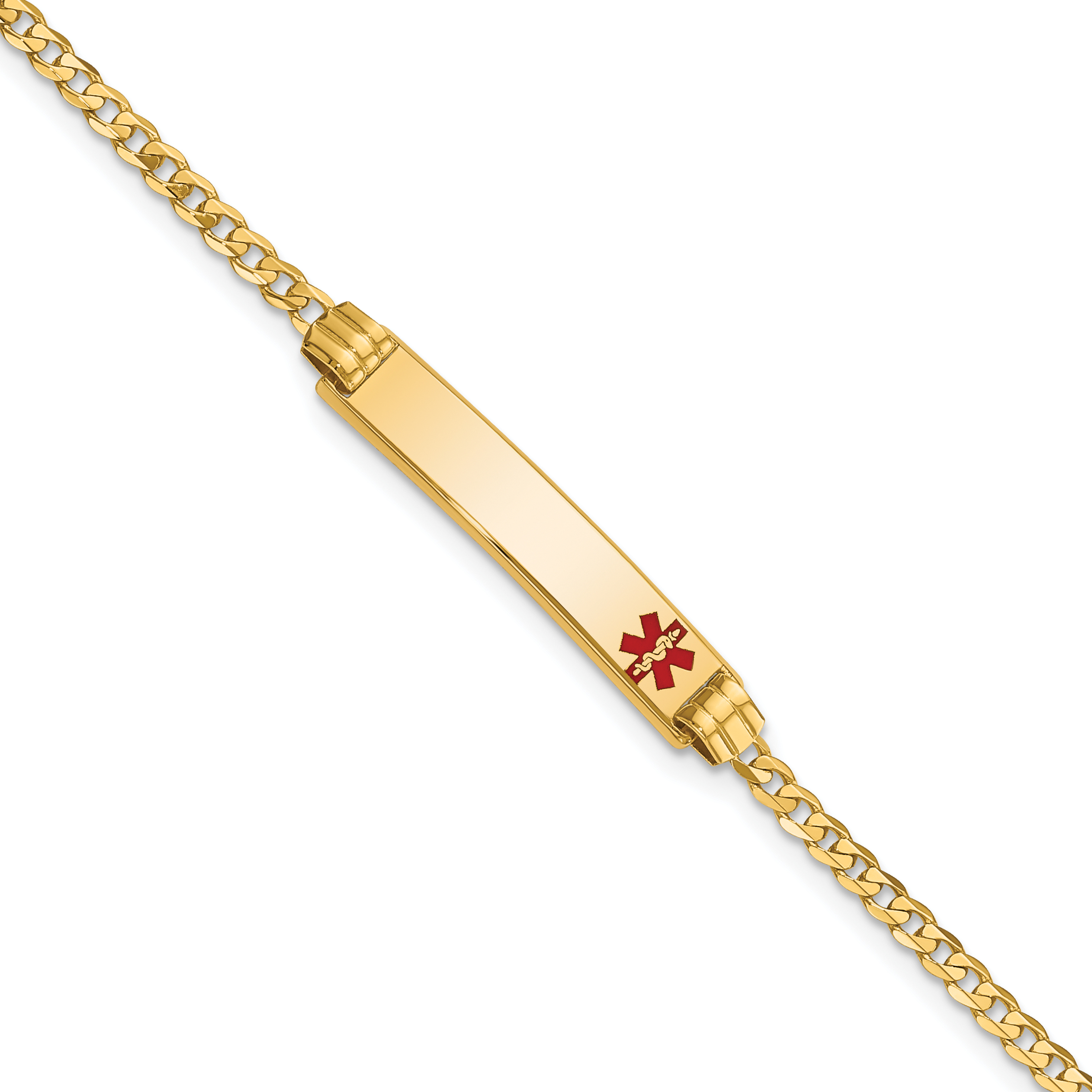 14K Medical Solid Chain/Solid Plate 26x5mm Off-Center Red Enamel Curb Link 7 inch ID Bracelet (XM551FR-7)