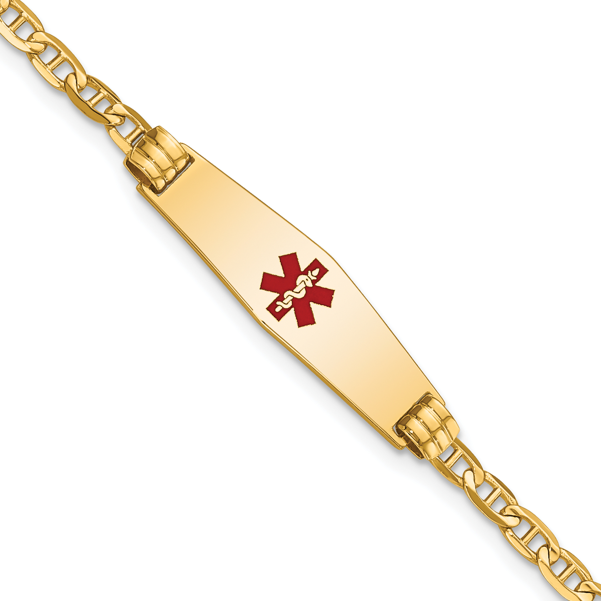 14K Medical Solid Chain/Solid Plate 25x7mm Soft Diamond Shape Centered Red Enamel Anchor Link 6 inch Baby/Child ID Bracelet (XM552CC-6)