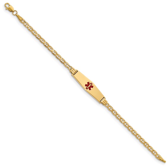 14K Medical Solid Chain/Solid Plate 25x7mm Soft Diamond Shape Centered Red Enamel Anchor Link 7 inch ID Bracelet