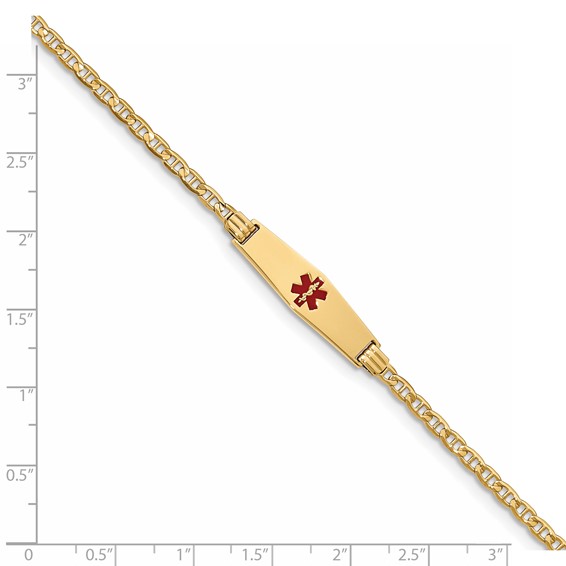 14K Medical Solid Chain/Solid Plate 25x7mm Soft Diamond Shape Centered Red Enamel Anchor Link 7 inch ID Bracelet