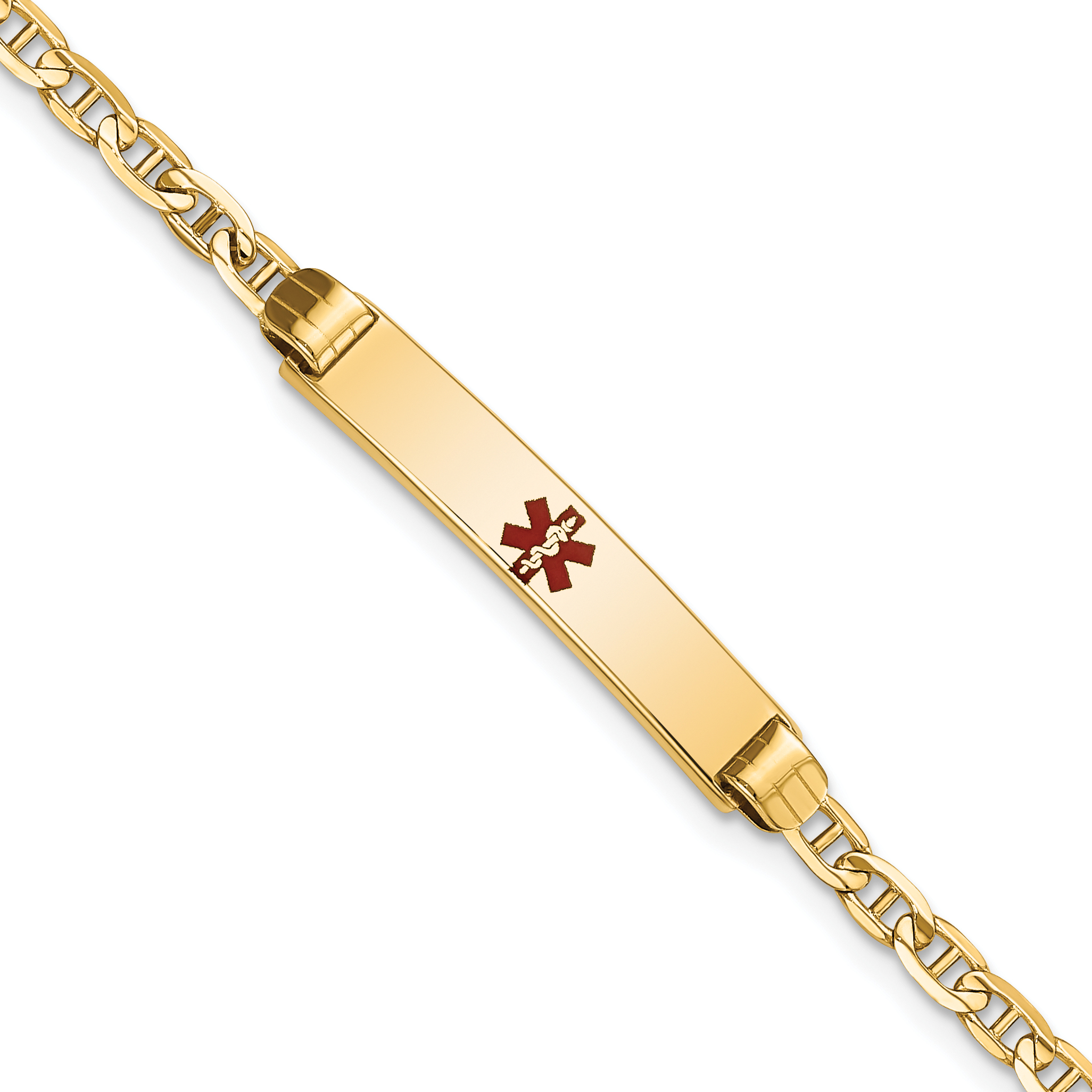 14K Medical Solid Chain/Solid Plate 26x5mm Centered Red Enamel Anchor Link 6 inch Baby/Child ID Bracelet (XM552CR-6)