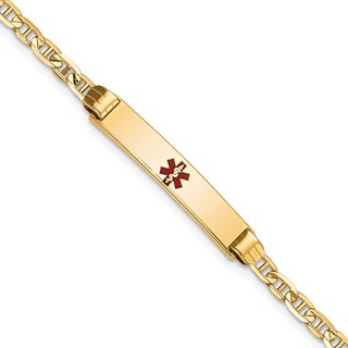 14K Medical Solid Chain/Solid Plate 26x5mm Centered Red Enamel Anchor Link 7 inch ID Bracelet