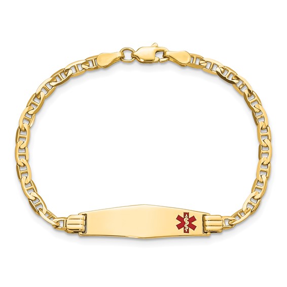 14K Medical Solid Chain/Solid Plate 26x7mm Soft Diamond Shape Off-Center Red Enamel Anchor Link 6 inch Baby/Child ID Bracelet